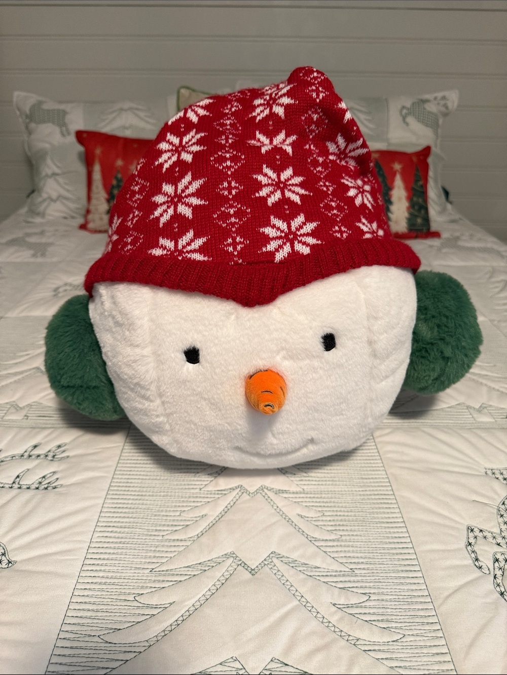 Plush Snowman Head with Red Knit Hat